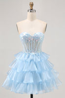 Load image into Gallery viewer, Sparkly Blue Ruffled Sweetheart Short Corset Prom Dress with Lace