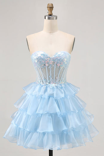 Sparkly Blue Ruffled Sweetheart Short Corset Prom Dress with Lace