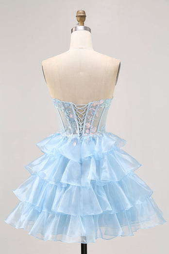 Sparkly Blue Ruffled Sweetheart Short Corset Prom Dress with Lace