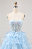 Load image into Gallery viewer, Sparkly Blue Ruffled Sweetheart Short Corset Prom Dress with Lace