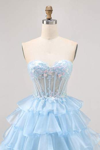 Sparkly Blue Ruffled Sweetheart Short Corset Prom Dress with Lace