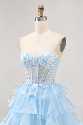 Sparkly Blue Ruffled Sweetheart Short Corset Prom Dress with Lace