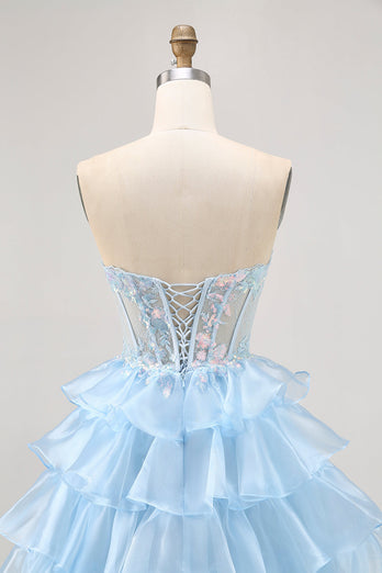 Sparkly Blue Ruffled Sweetheart Short Corset Prom Dress with Lace