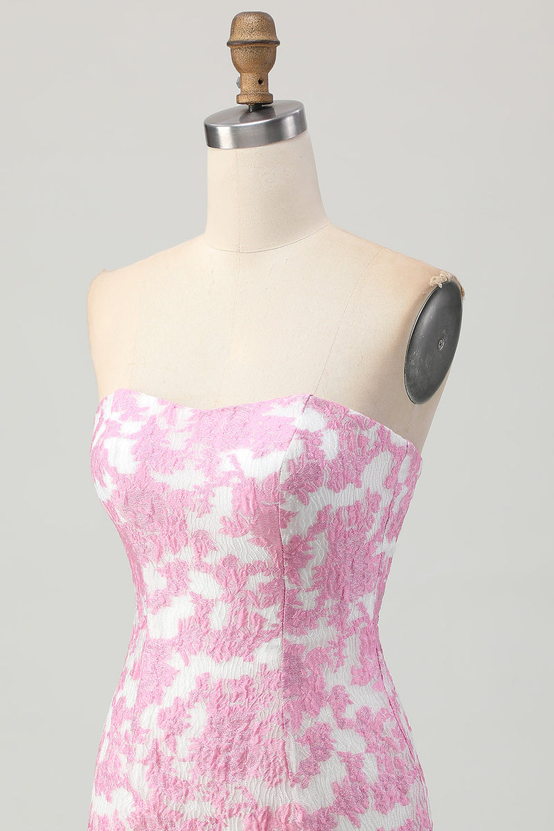 Load image into Gallery viewer, Pink Jacquard Floral Detachable Sleeves Strapless Tight Short Prom Dress