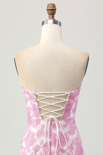 Pink Jacquard Floral Detachable Sleeves Strapless Tight Short Prom Dress