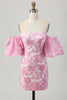 Load image into Gallery viewer, Pink Jacquard Floral Detachable Sleeves Strapless Tight Short Prom Dress
