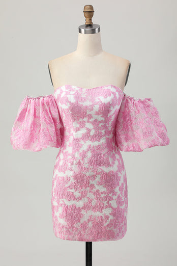 Pink Jacquard Floral Detachable Sleeves Strapless Tight Short Prom Dress