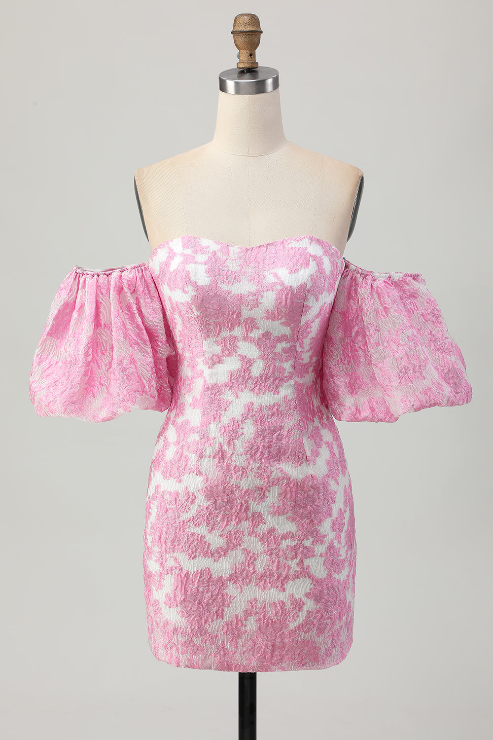 Pink Jacquard Floral Detachable Sleeves Strapless Tight Short Prom Dress