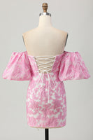 Load image into Gallery viewer, Pink Jacquard Floral Detachable Sleeves Strapless Tight Short Prom Dress