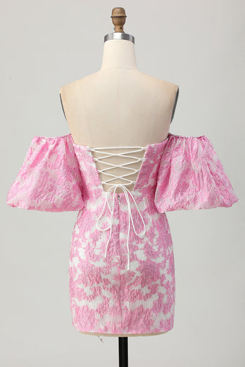 Pink Jacquard Floral Detachable Sleeves Strapless Tight Short Prom Dress