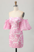 Load image into Gallery viewer, Pink Jacquard Floral Detachable Sleeves Strapless Tight Short Prom Dress