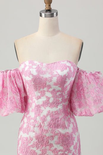 Pink Jacquard Floral Detachable Sleeves Strapless Tight Short Prom Dress