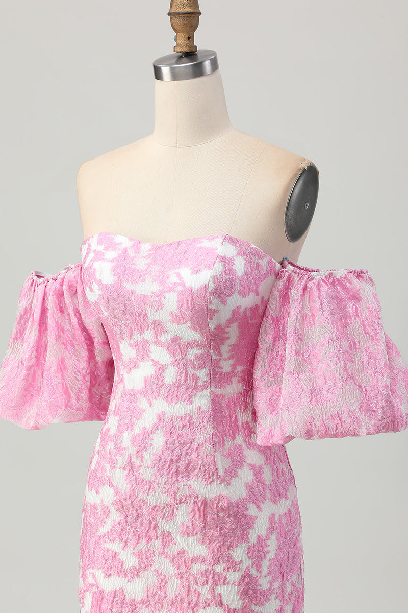 Load image into Gallery viewer, Pink Jacquard Floral Detachable Sleeves Strapless Tight Short Prom Dress