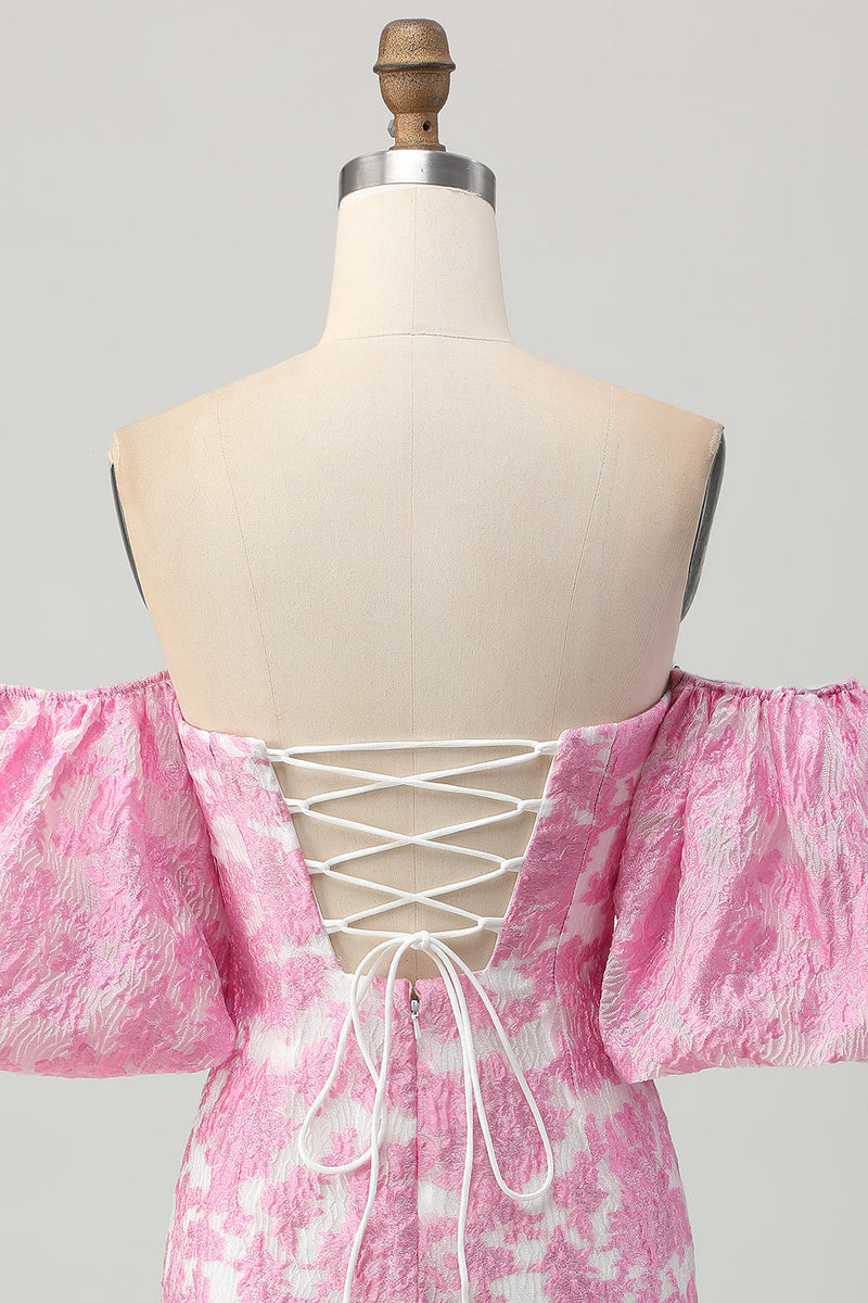 Load image into Gallery viewer, Pink Jacquard Floral Detachable Sleeves Strapless Tight Short Prom Dress