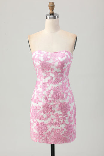 Pink Jacquard Floral Detachable Sleeves Strapless Tight Short Prom Dress