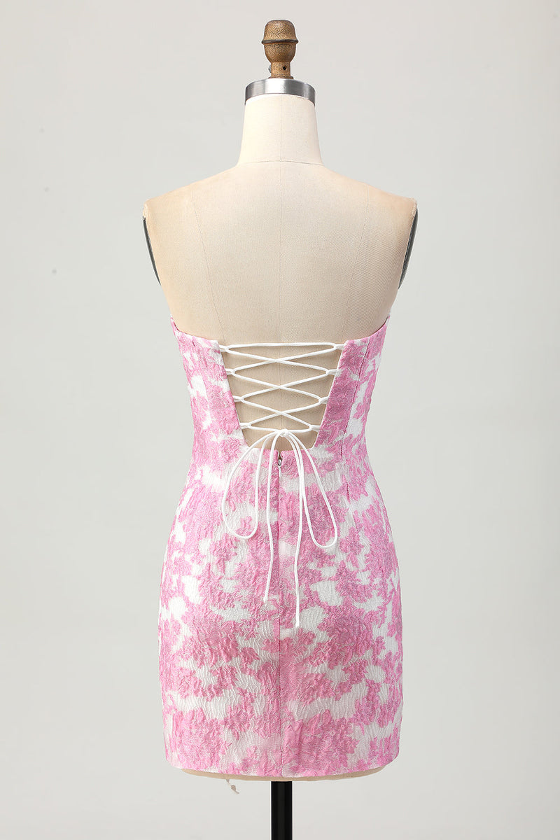 Load image into Gallery viewer, Pink Jacquard Floral Detachable Sleeves Strapless Tight Short Prom Dress