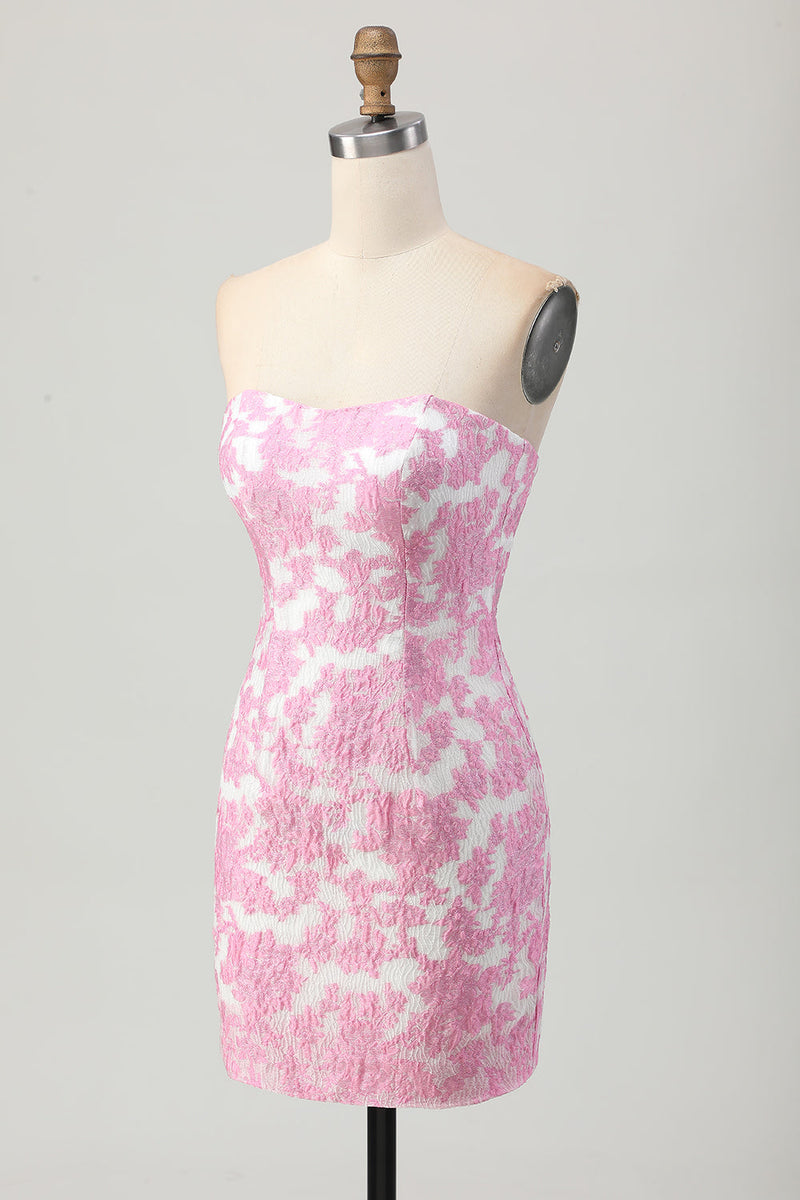 Load image into Gallery viewer, Pink Jacquard Floral Detachable Sleeves Strapless Tight Short Prom Dress