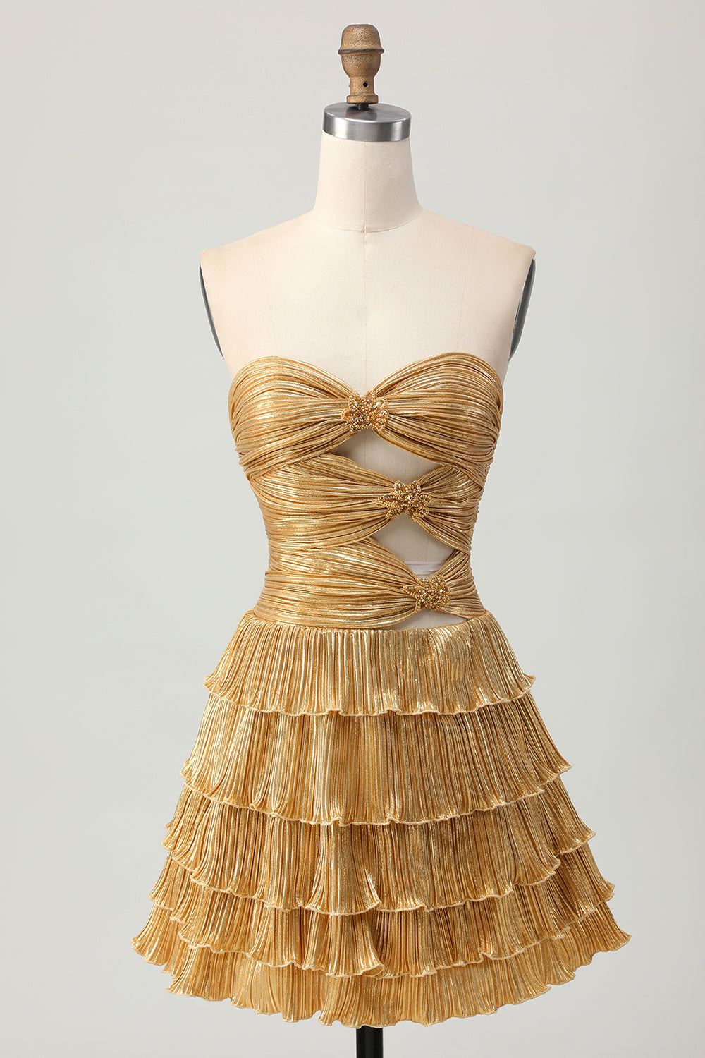 Women Sparkly Golden Floral Metallic Short Prom Dress with Keyholes Tiered Sweetheart A Line Ruched Cocktail Dress with Ruffles