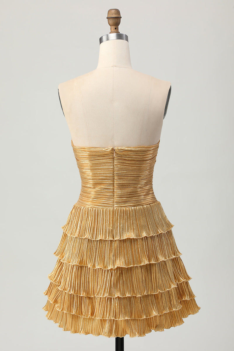 Load image into Gallery viewer, Sparkly Golden Sweetheart Floral Short Metallic Prom Dress with Keyholes