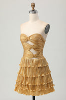 Load image into Gallery viewer, Sparkly Golden Sweetheart Floral Short Metallic Prom Dress with Keyholes
