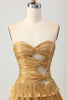 Load image into Gallery viewer, Sparkly Golden Sweetheart Floral Short Metallic Prom Dress with Keyholes