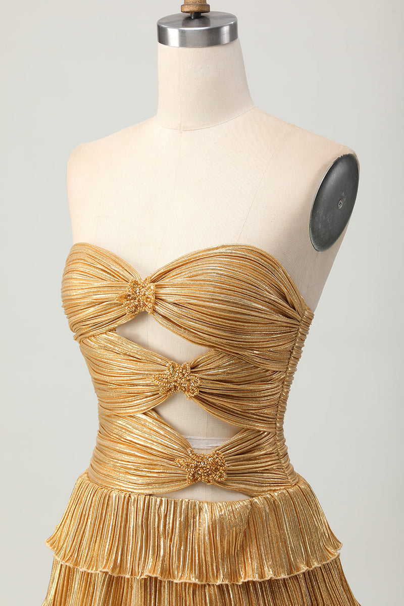 Load image into Gallery viewer, Sparkly Golden Sweetheart Floral Short Metallic Prom Dress with Keyholes