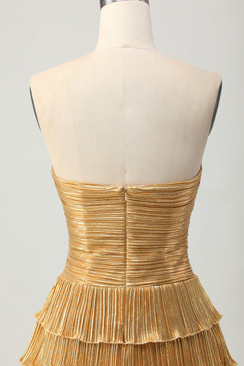 Sparkly Golden Sweetheart Floral Short Metallic Prom Dress with Keyholes