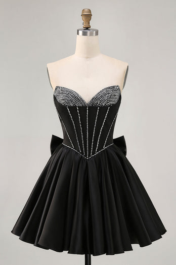 Sparkly Black Corset Satin Short Prom Dress with Bow