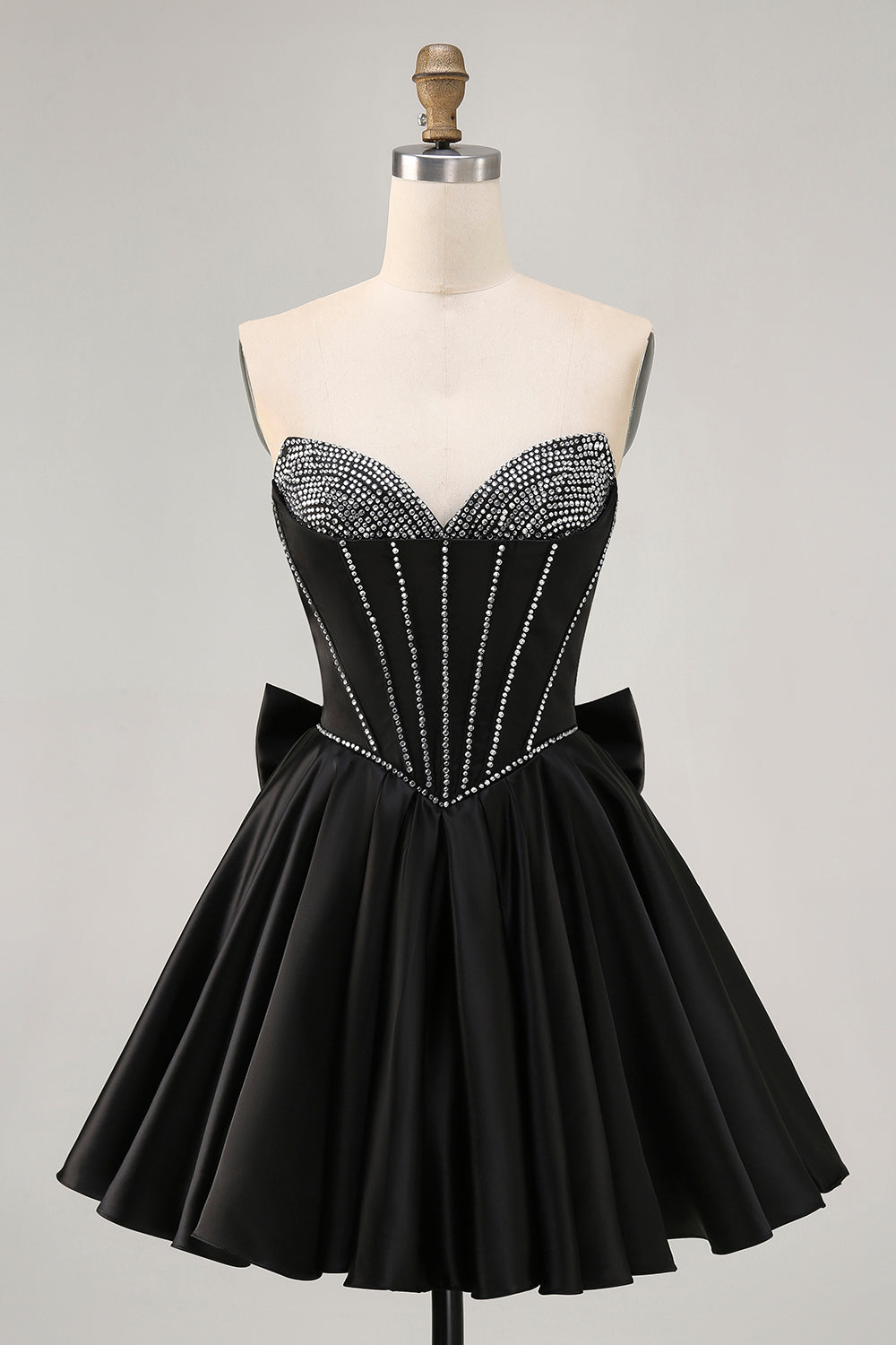 Sparkly Black Corset Satin Short Prom Dress with Bow