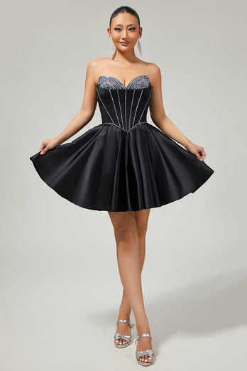 Sparkly Black Corset Satin Short Prom Dress with Bow