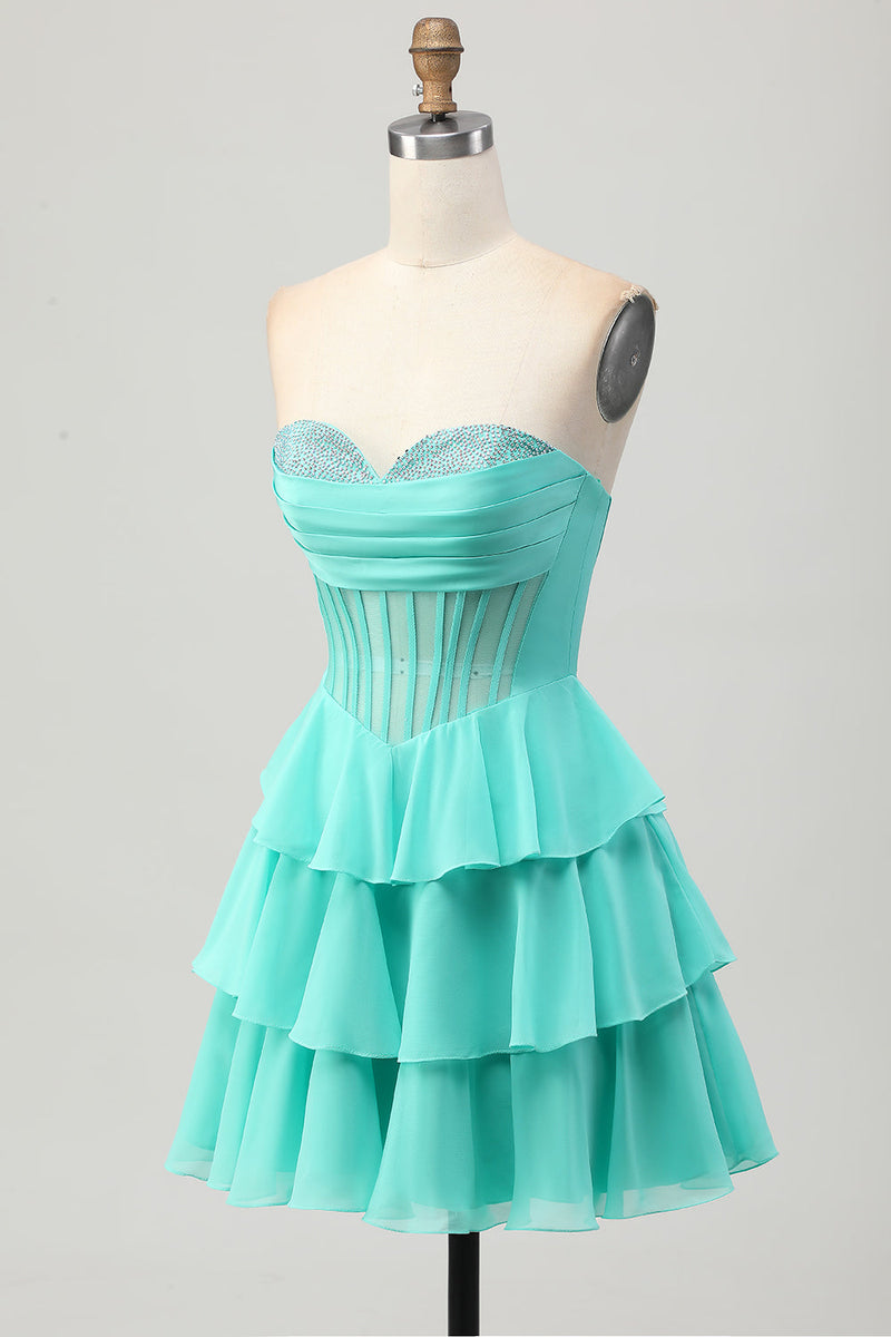 Load image into Gallery viewer, Sparkly Yellow Corset Ruffled Sweetheart Short Prom Dress with Beading