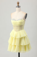 Load image into Gallery viewer, Sparkly Yellow Corset Ruffled Sweetheart Short Prom Dress with Beading