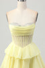 Load image into Gallery viewer, Sparkly Yellow Corset Ruffled Sweetheart Short Prom Dress with Beading