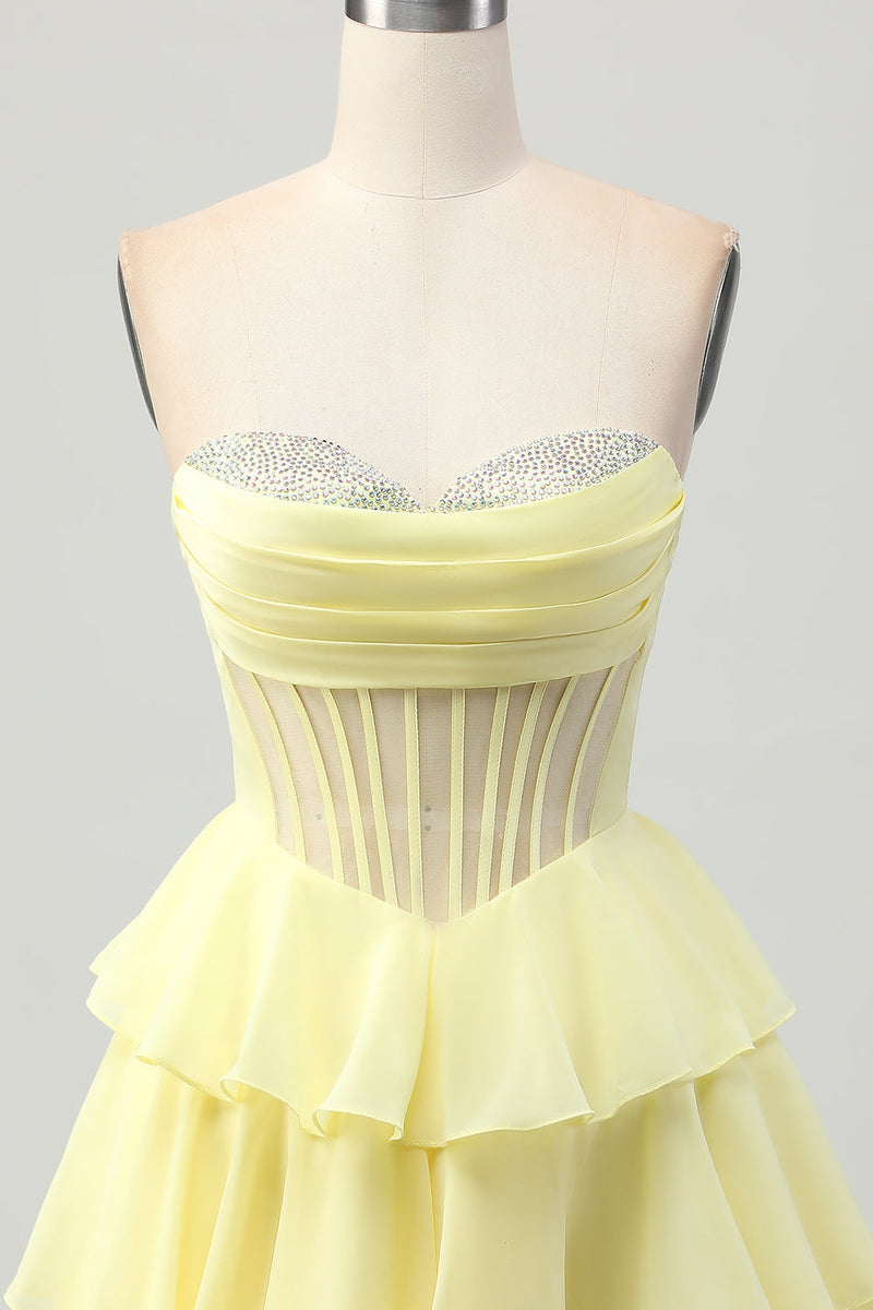 Load image into Gallery viewer, Sparkly Yellow Corset Ruffled Sweetheart Short Prom Dress with Beading