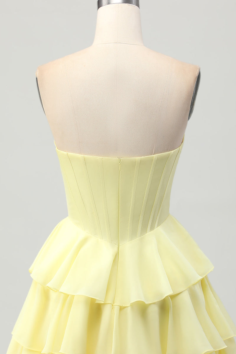 Load image into Gallery viewer, Sparkly Yellow Corset Ruffled Sweetheart Short Prom Dress with Beading