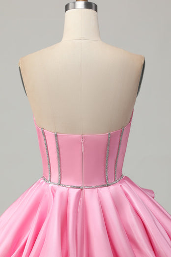Sparkly Pink Strapless Corset Short Prom Dress with Rhinestones