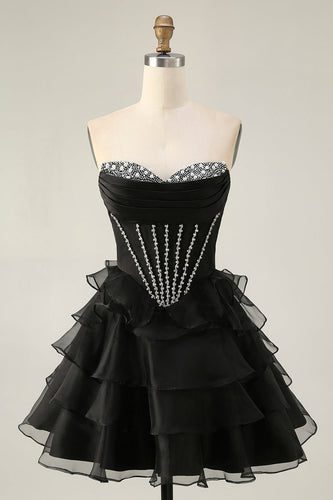 Sparkly Black Tiered Corset Short Prom Dress with Beading