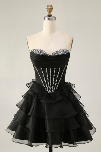 Sparkly Black Tiered Corset Short Prom Dress with Beading