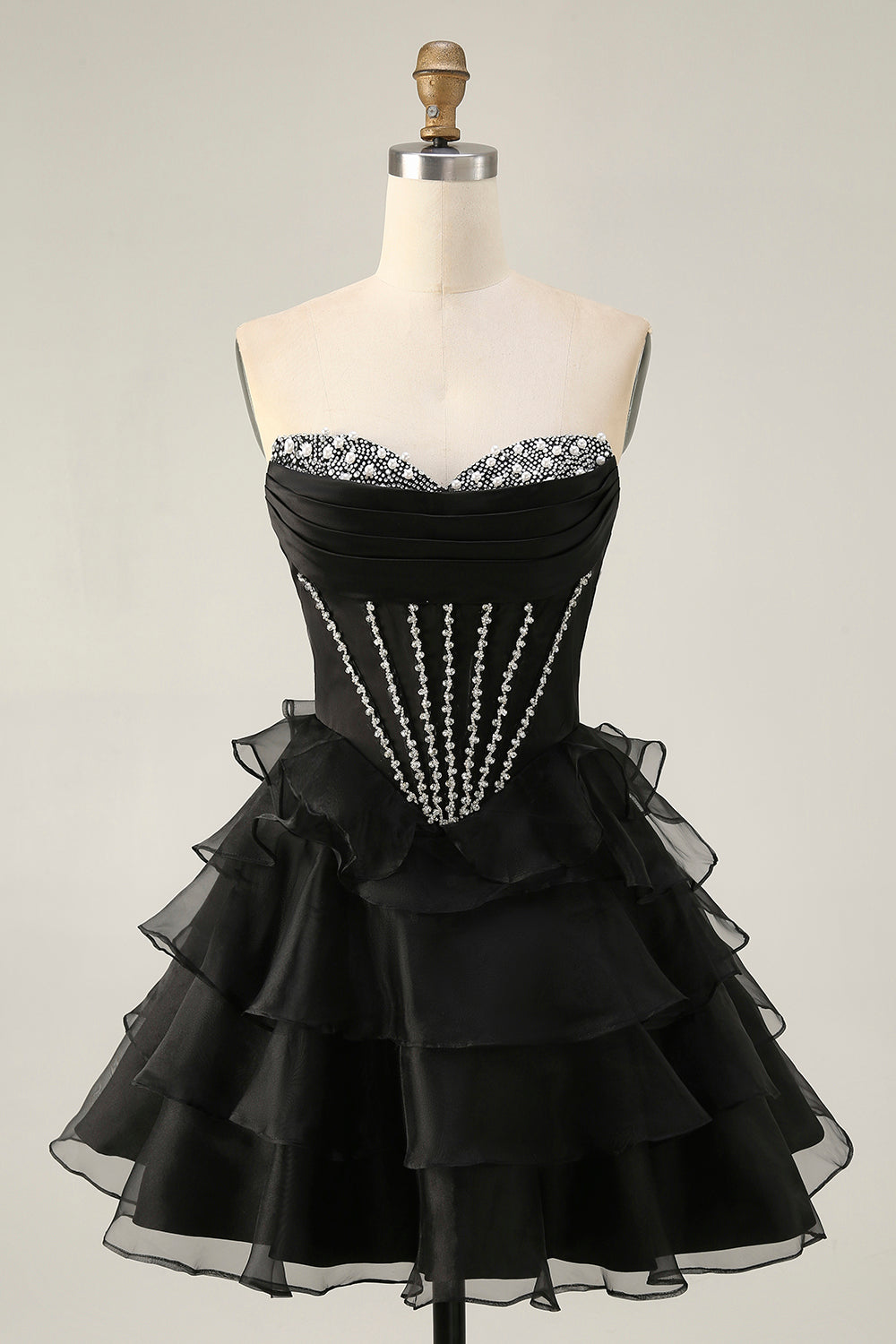 Sparkly Black Tiered Corset Short Prom Dress with Beading
