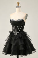 Load image into Gallery viewer, Sparkly Black Tiered Corset Short Prom Dress with Beading