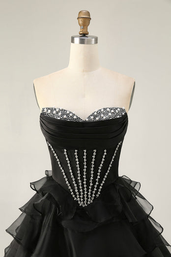 Sparkly Black Tiered Corset Short Prom Dress with Beading