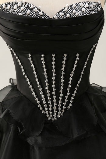 Sparkly Black Tiered Corset Short Prom Dress with Beading