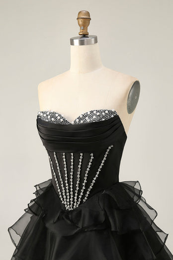 Sparkly Black Tiered Corset Short Prom Dress with Beading