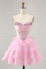 Load image into Gallery viewer, Sparkly Black Tiered Corset Short Prom Dress with Beading
