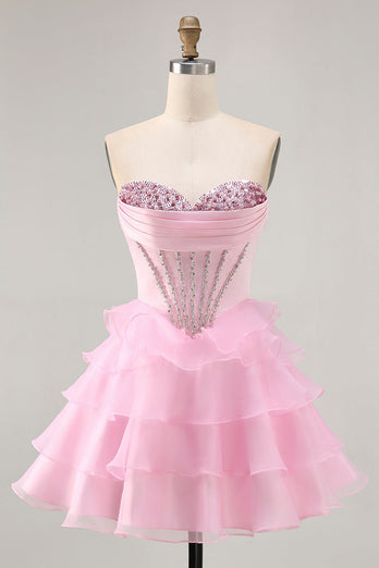 Sparkly Black Tiered Corset Short Prom Dress with Beading