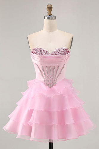 Sparkly Pink Short Ruffled Corset Prom Dress with Beading