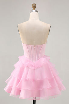 Sparkly Pink Short Ruffled Corset Prom Dress with Beading