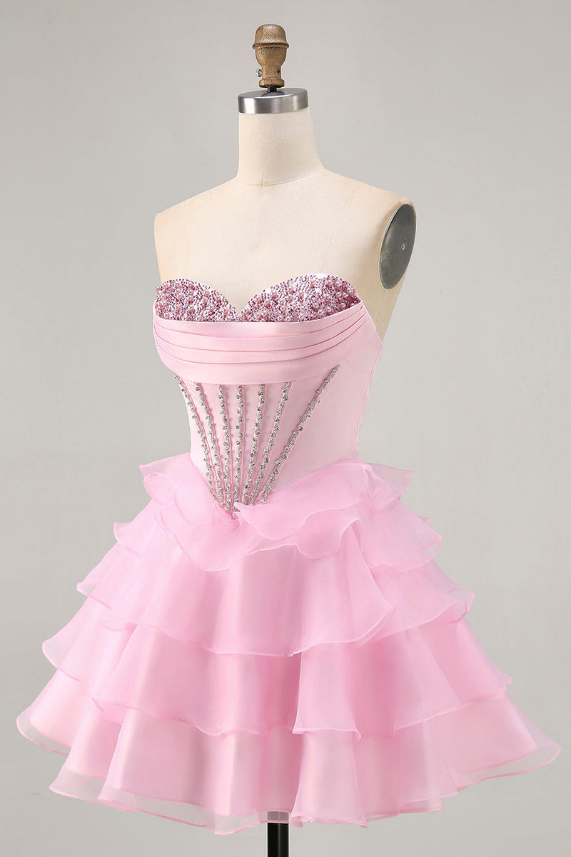 Load image into Gallery viewer, Sparkly Black Tiered Corset Short Prom Dress with Beading