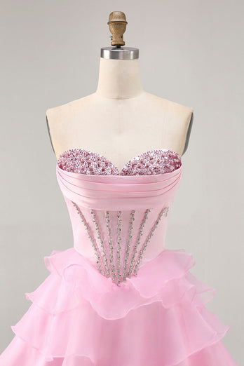 Sparkly Pink Short Ruffled Corset Prom Dress with Beading