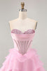 Load image into Gallery viewer, Sparkly Black Tiered Corset Short Prom Dress with Beading